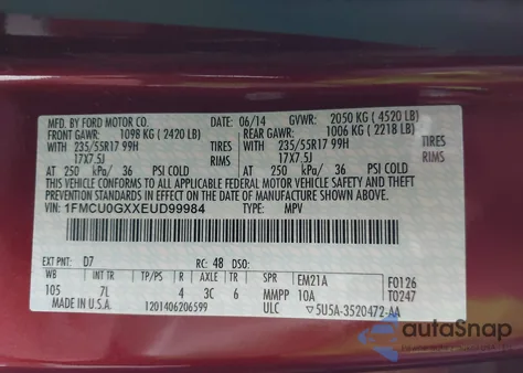 2014 Ford Escape Se z USA, uszkodzony, nr VIN 1FMCU0GXXEUD99984